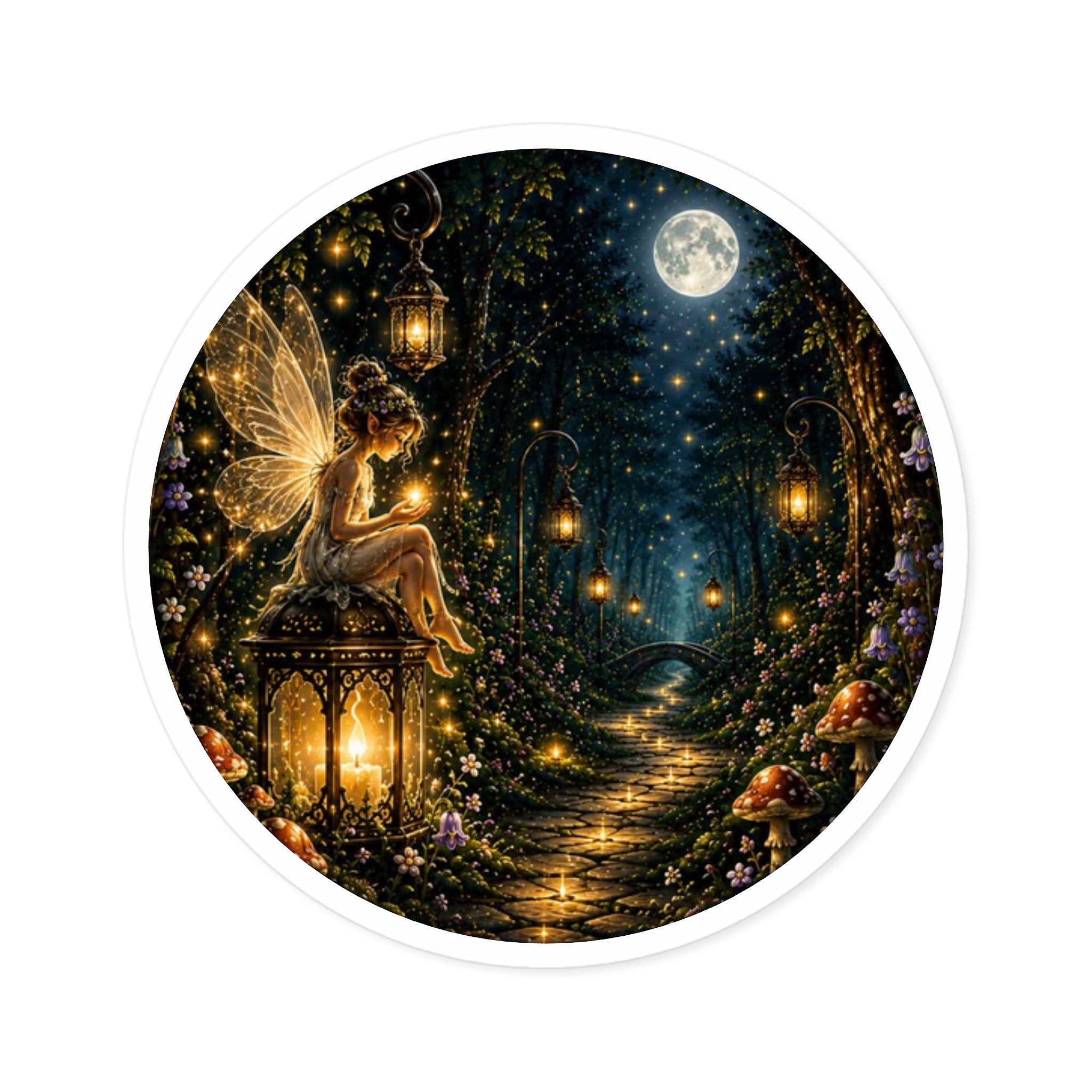 Fairy Lantern Round Sticker — Magical Woodland Moonlight
