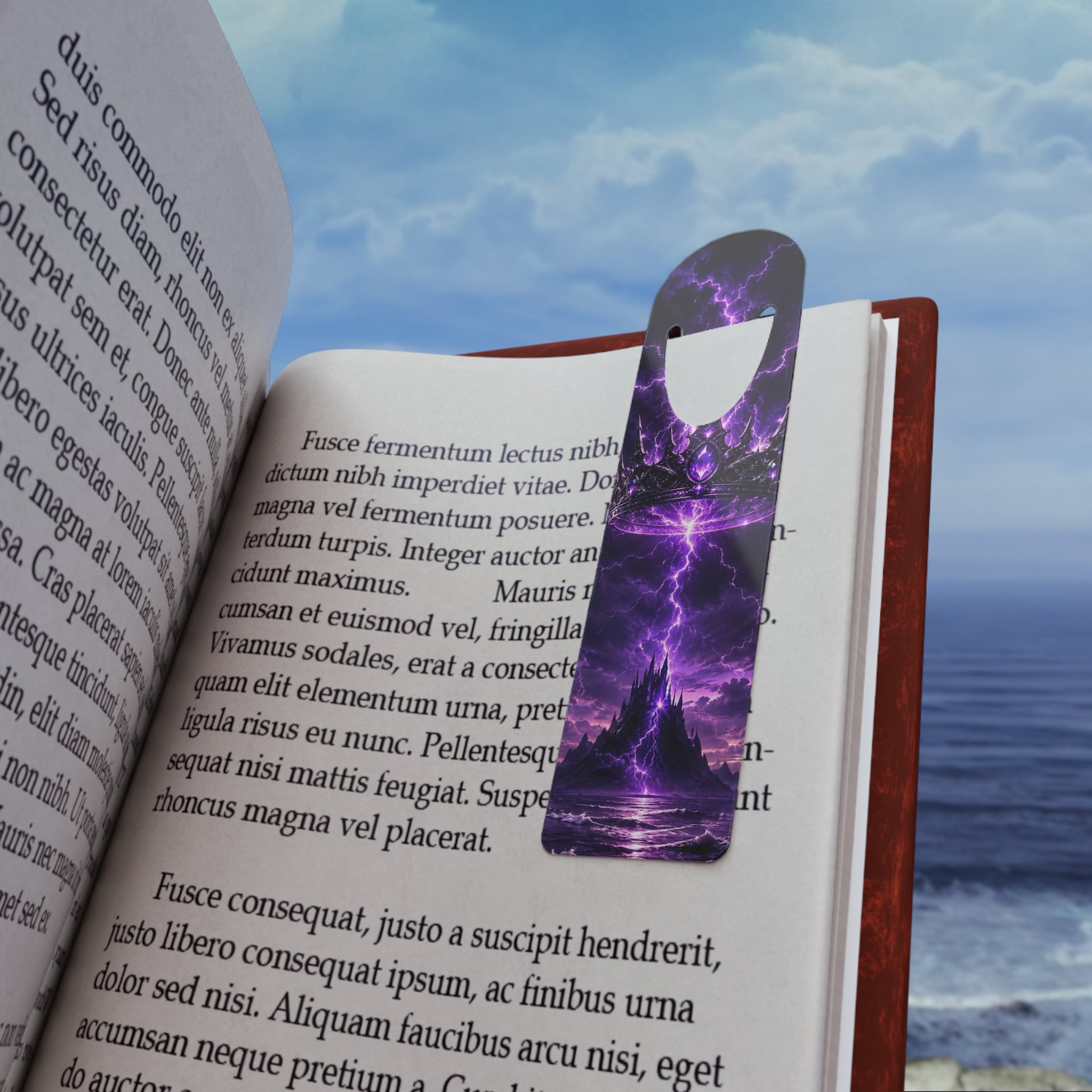 Purple Lightning Fantasy Bookmark — Mystical Castle & Crown Reading Marker