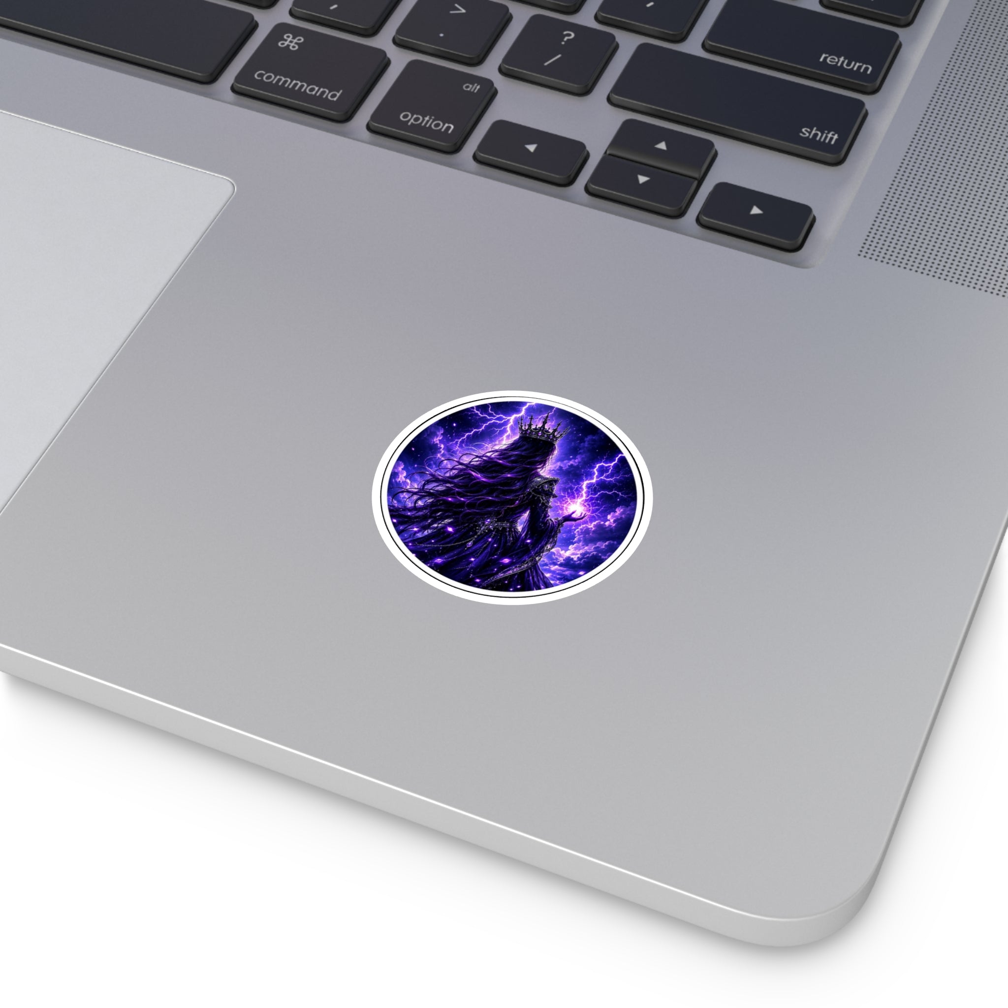 Storm Queen Round Sticker — Purple Lightning Fantasy Queen