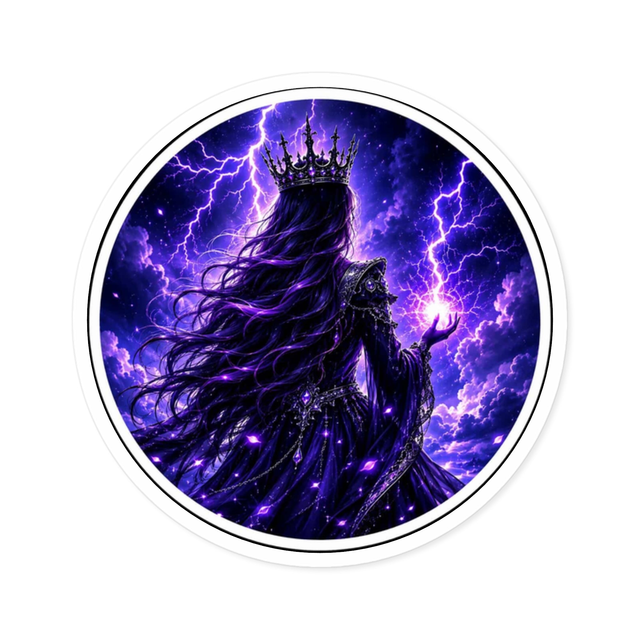 Storm Queen Round Sticker — Purple Lightning Fantasy Queen