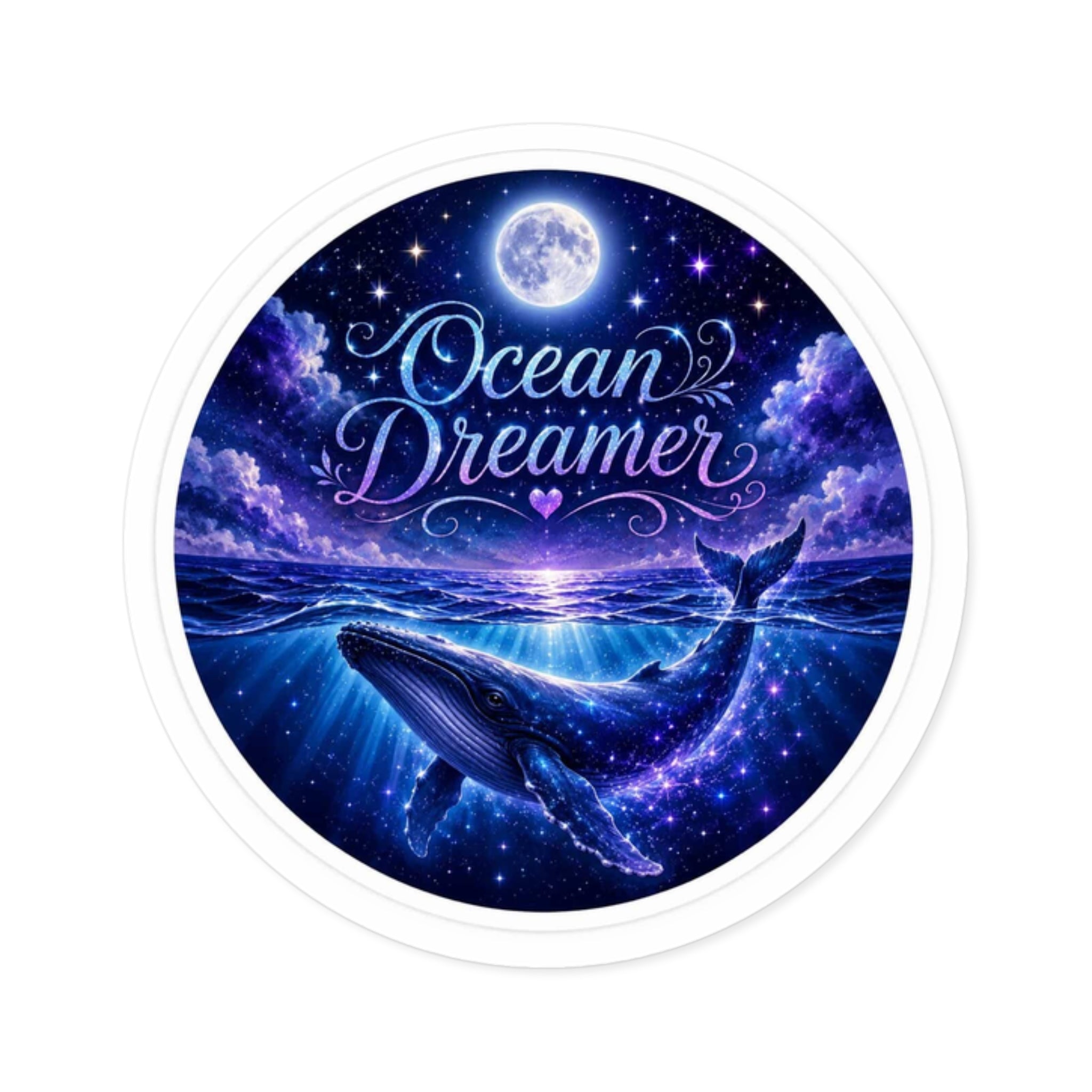 Ocean Dreamer Round Sticker — Whale & Moon Vinyl Decal